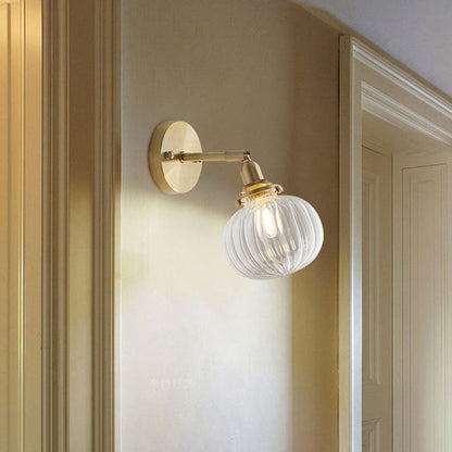 Brass Pumpkin Glass Shade 1-Light Wall Sconce Lamp