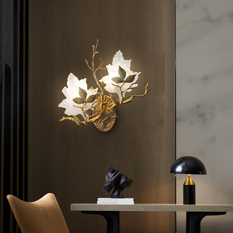 Copper Glass Maple Leaf Branch 2-Light Wall Sconce Lamp
