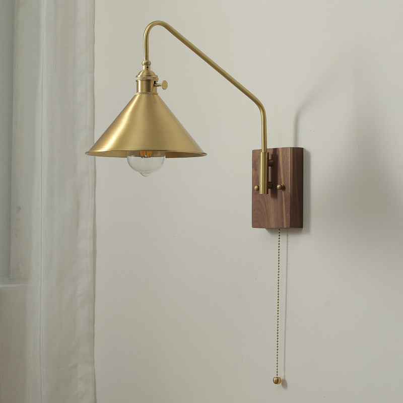 Retro Brass Walnut Conic 1-Light Wall Sconce Lamp