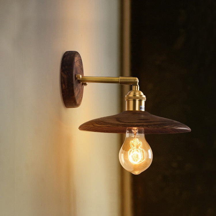 Round Wood Grain Brass Wood 1-Light Wall Sconce Lamp