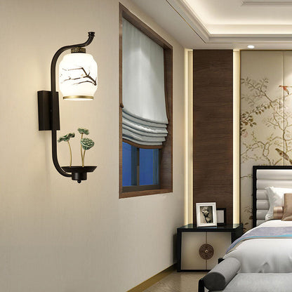 Chinese Ceramic Cylinder Lotus 1-Light Wall Sconce Lamp