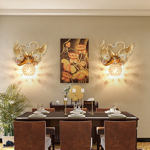 Deco Iron Crystal Couple Swan Ball 1-Light Wall Sconce Lamp