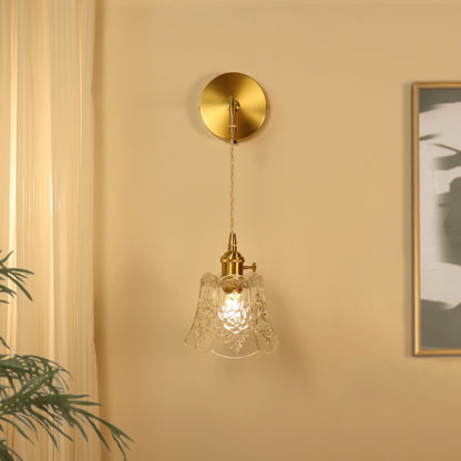 French Brass Carved Glass 1-Light Wall Sconce Lamp