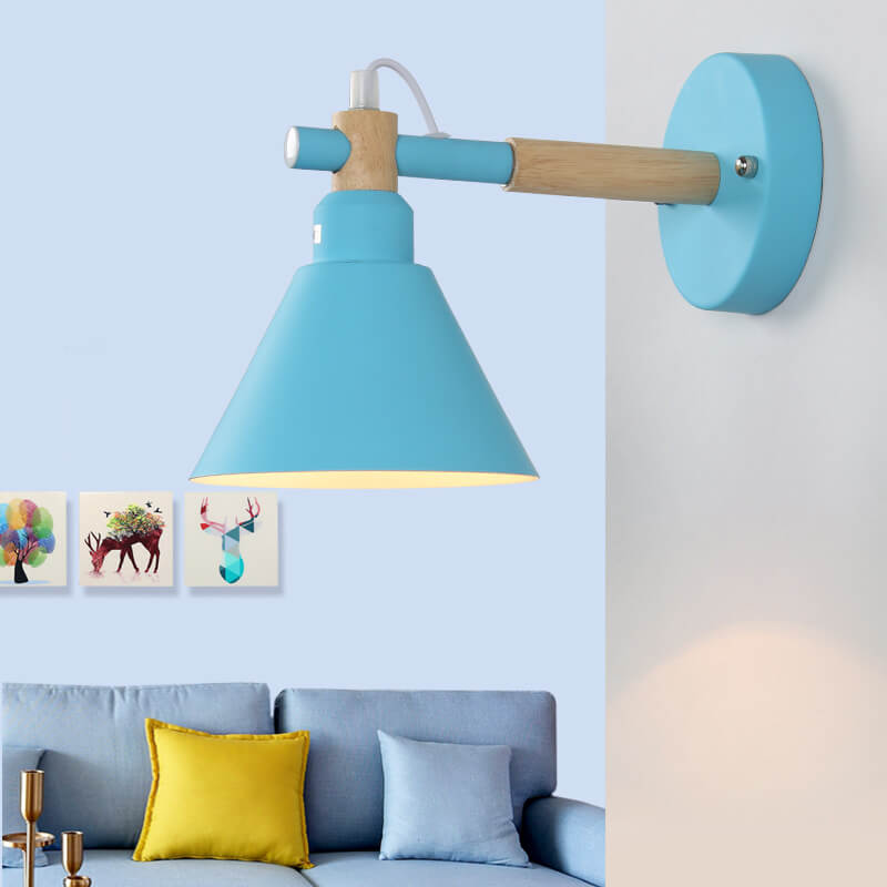 Macaron Iron Trumpet Shaped Wood 1-Light Wall Sconce Lamp