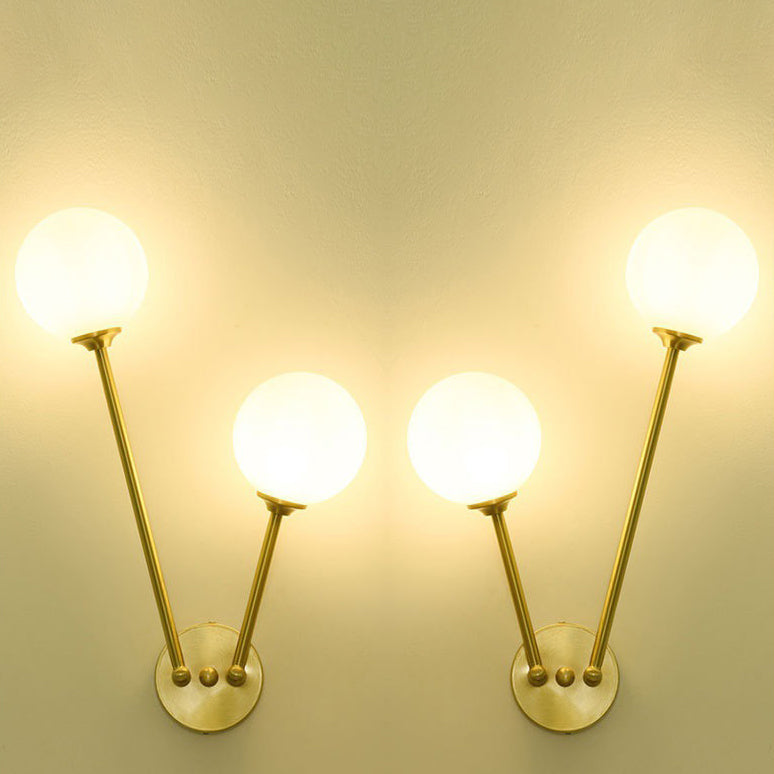 Nordic Copper Glass Ball V-Shaped 2-Light Wall Sconce Lamp