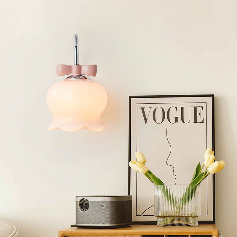 Cream Orchid Flower Bow Iron Glass 1-Light Wall Sconce Lamp