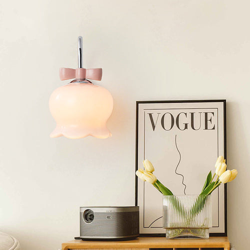 Cream Orchid Flower Bow Iron Glass 1-Light Wall Sconce Lamp