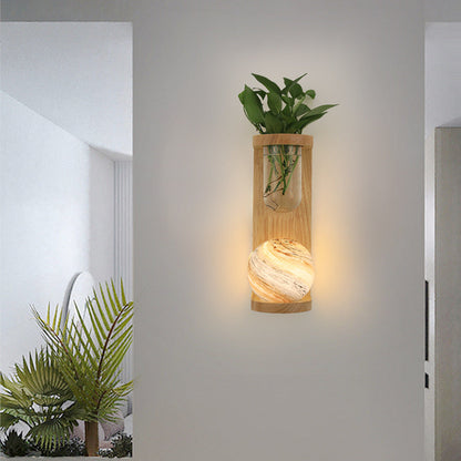 Glass Wood Planet Log Base Plant 1-Light Wall Sconce Lamp