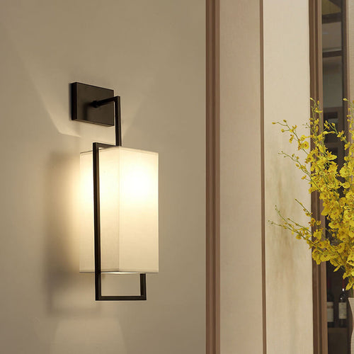 Chinese Square Fabric Iron Frame 1-Light Wall Sconce Lamp
