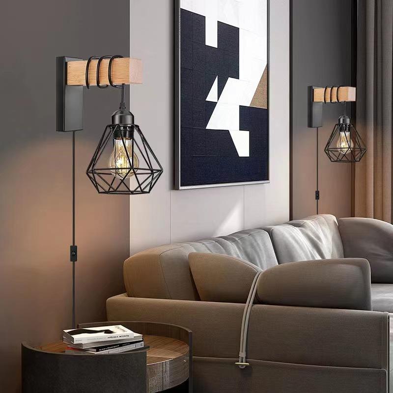 Oval Diamond Solid Wood Iron 1-Light Wall Sconce Lamp