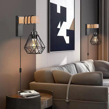 Oval Diamond Solid Wood Iron 1-Light Wall Sconce Lamp