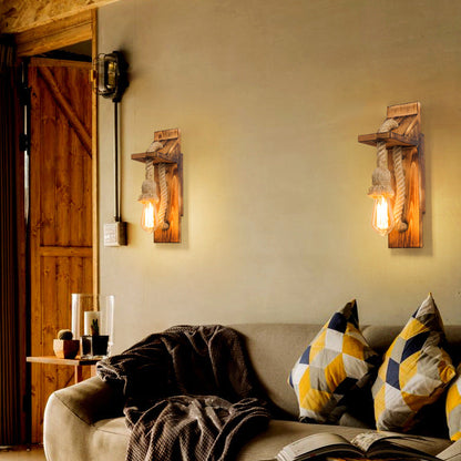Rectangular Wood Hemp Rope 1-Light Wall Sconce Lamp