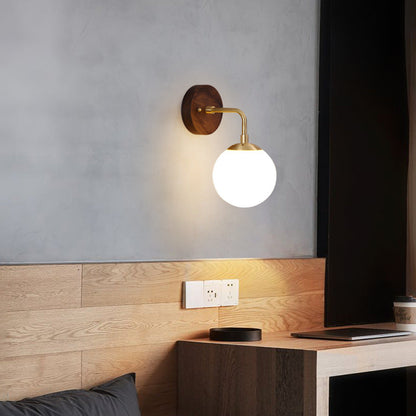 Walnut Brass Glass Round Orb 1-Light Wall Sconce Lamp