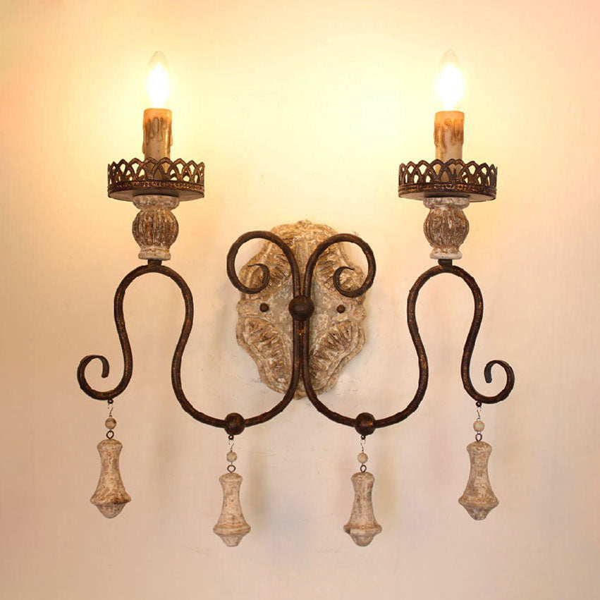 Traditional Candle-Holder Wooden Iron 1/2 Wall Sconce Lamp