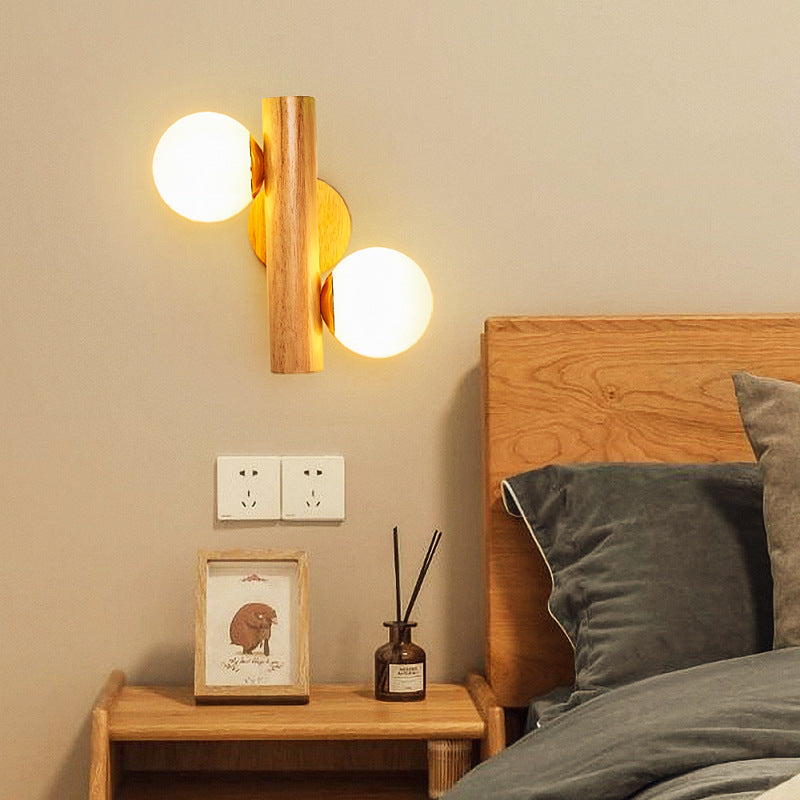 Cylinder Orb Wood Hardware Glass 2-Light Wall Sconce Lamp