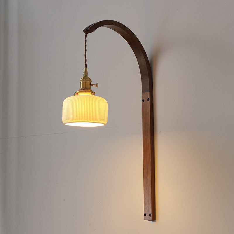 Japanese Shade Wood Curved Pole 1-Light Wall Sconce Lamp