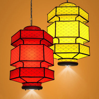 Chinese Retro Hexagonal Faux Sheepskin Iron 1-Light Pendant Light