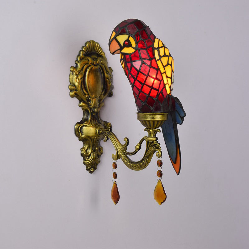 Tiffany Glass Parrot Crystal 1-Light Wall Sconce Lamp