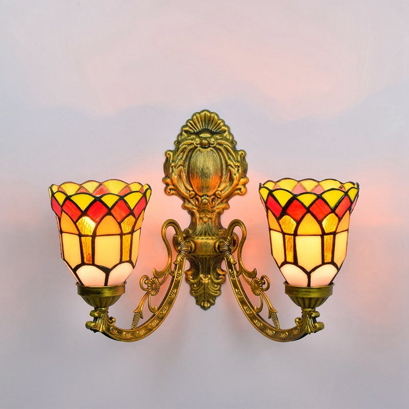 Tiffany Resin Glass Bell Shade 2-Light Wall Sconce Lamp