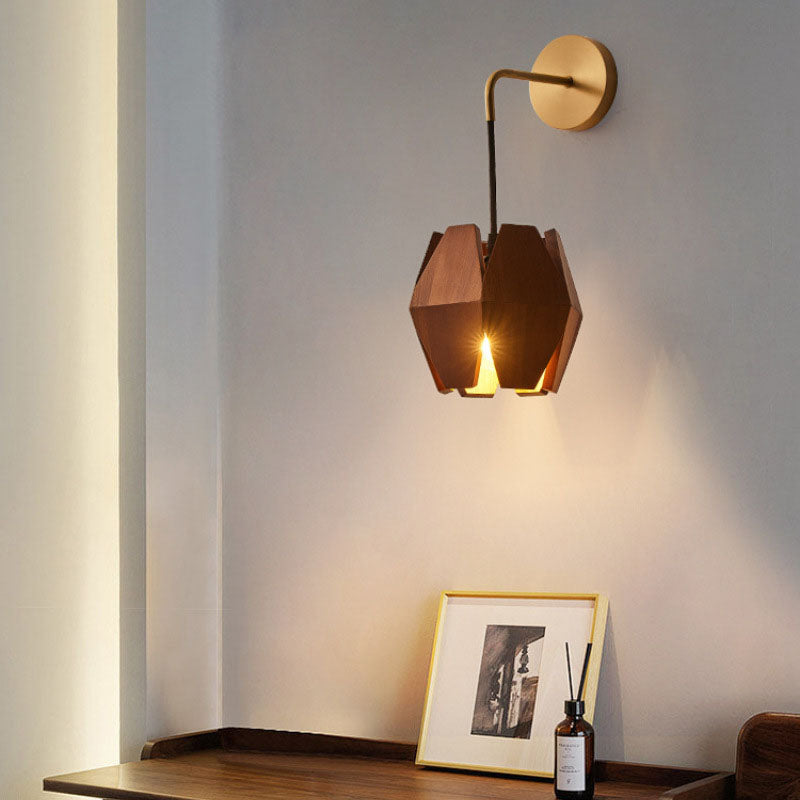 Japanese Round Hardware Wood 1-Light Wall Sconce Lamp