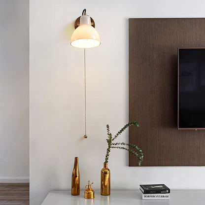 Simplicity Wood Glass Round Conic 1-Light Wall Sconce Lamp