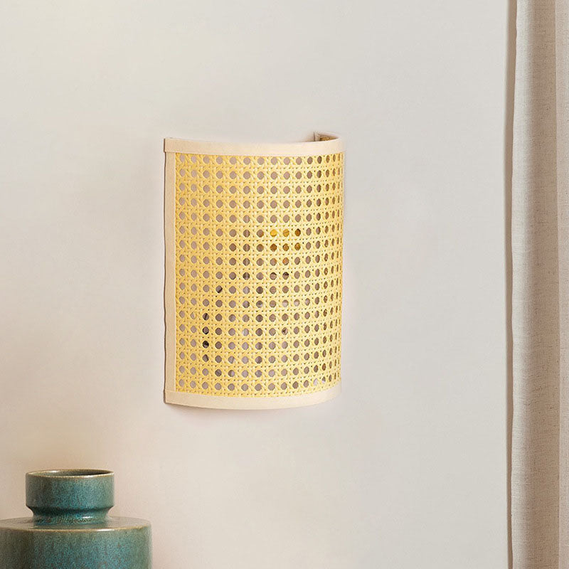 Japanese Rattan Semi-Cylinder 1-Light Wall Sconce Lamp