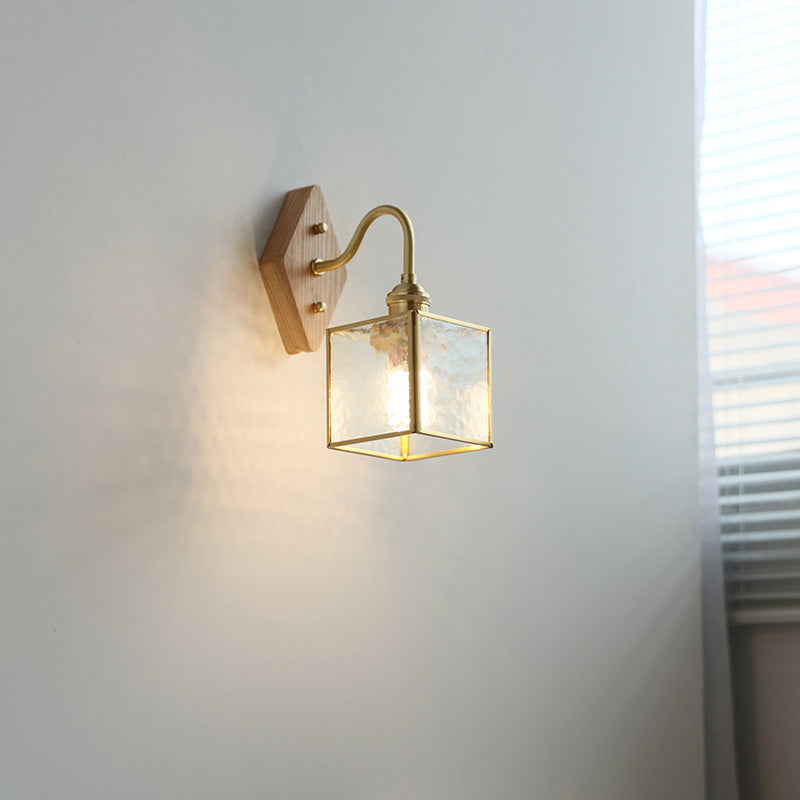 Square Copper Glass Wood 1-Light Wall Sconce Lamp