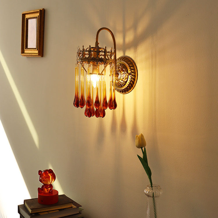 French Brown Water Drop Glass 1-Light Wall Sconce Lamp