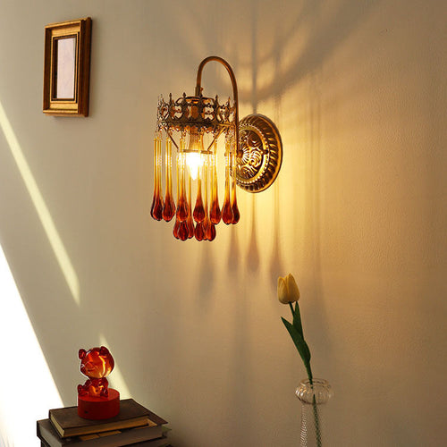 French Brown Water Drop Glass 1-Light Wall Sconce Lamp