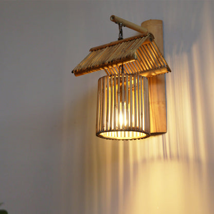 House Bamboo Weaving Cylinder 1-Light Wall Sconce Lamp
