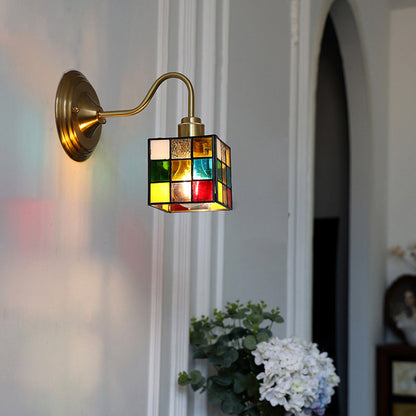 Square Cube Tulip Brass Glass 1-Light Wall Sconce Lamp
