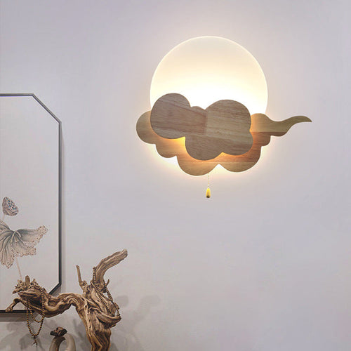 Chinese Round Cloudy Wood Acrylic LED Wall Sconce Lamp