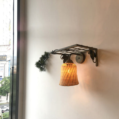 Rectangular Iron Bamboo Woven 1-Light Wall Sconce Lamp