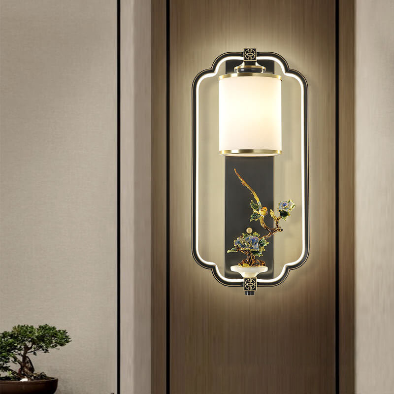 Chinese Jade Copper Square Oval 1- Light Wall Sconce Lamp