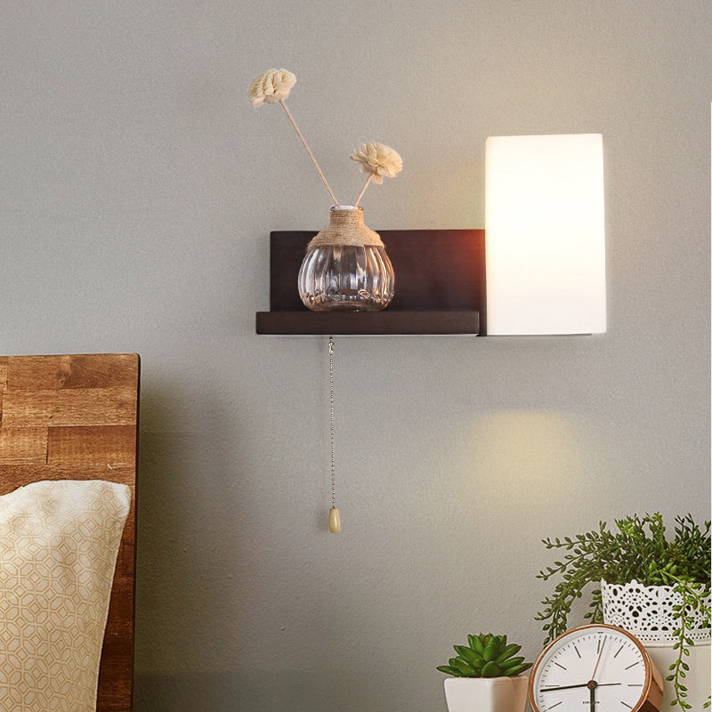 Rectangular Shelf Wood Glass 1-Light Wall Sconce Lamp
