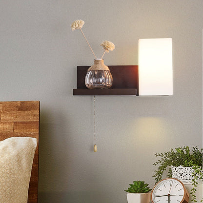 Rectangular Shelf Wood Glass 1-Light Wall Sconce Lamp