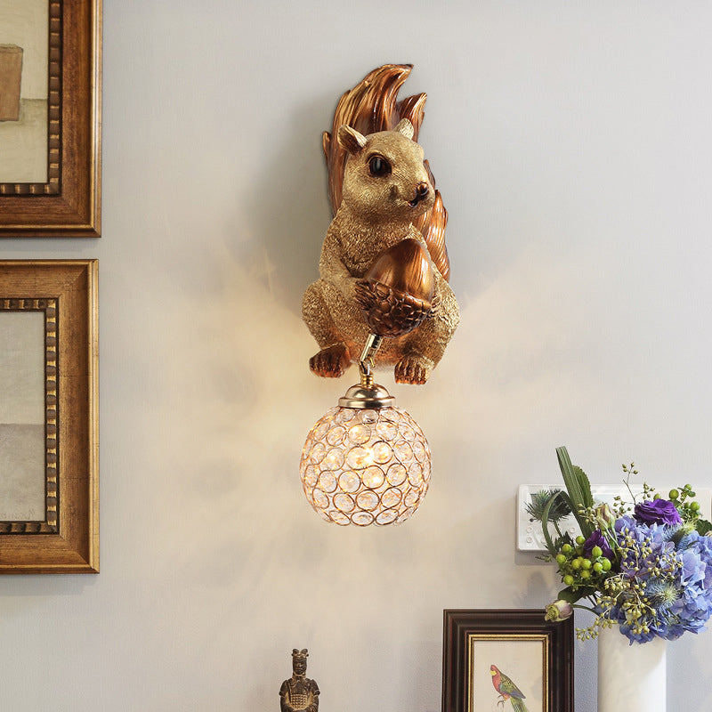Kids Squirrel Ball Crystal Resin 1-Light Wall Sconce Lamp