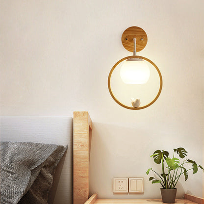 Scandinavian Bird Round Wood Glass 1-Light Wall Sconce Lamp
