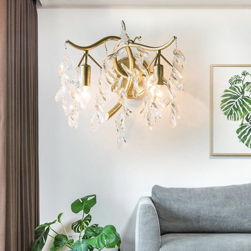 French Leaf Iron Copper Crystal 2-Light Wall Sconce Lamp