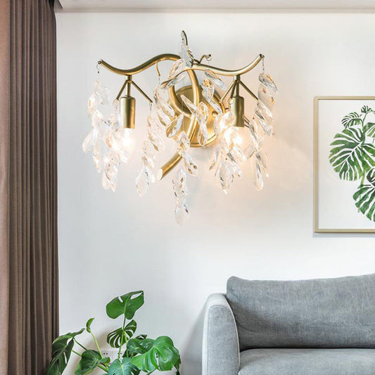 French Leaf Iron Copper Crystal 2-Light Wall Sconce Lamp