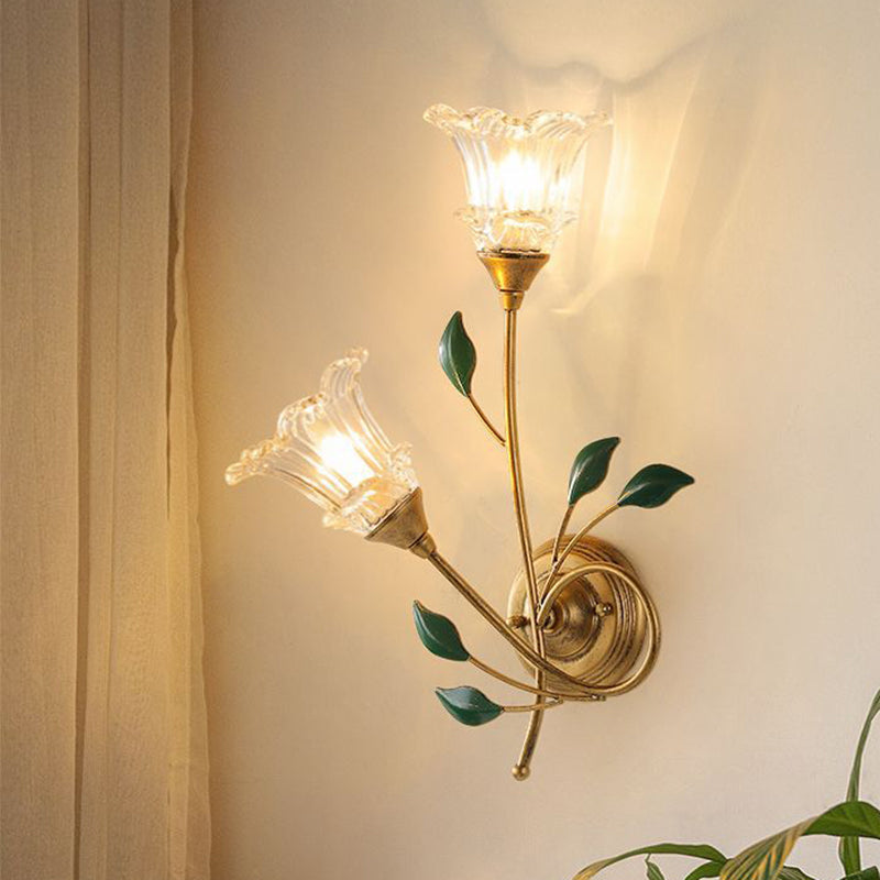 Iron Crystal Glass Flower Leave 2-Light Wall Sconce Lamp