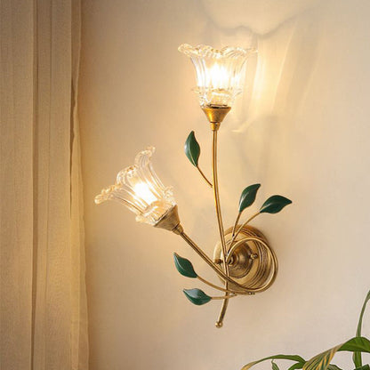 Iron Crystal Glass Flower Leave 2-Light Wall Sconce Lamp