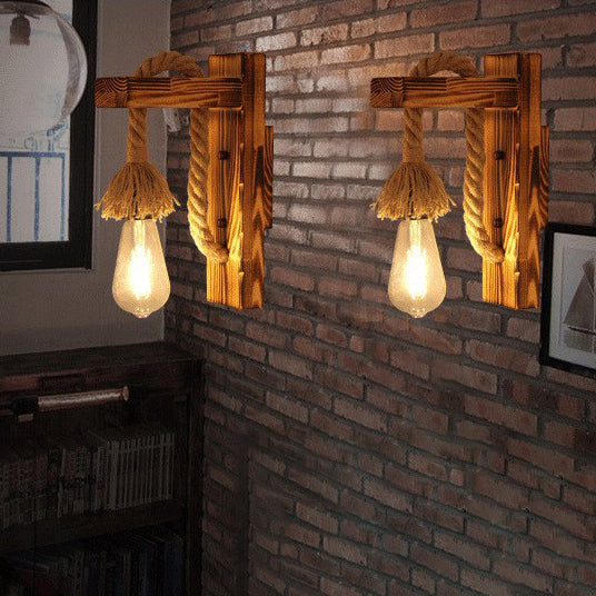 Wood Rope Iron Glass Cubic Pendant 1-Light Wall Sconce Lamp