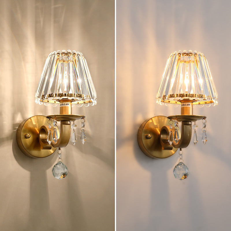 Golden Finish Frame Crystal Shade 1-Light Wall Sconce Lamp