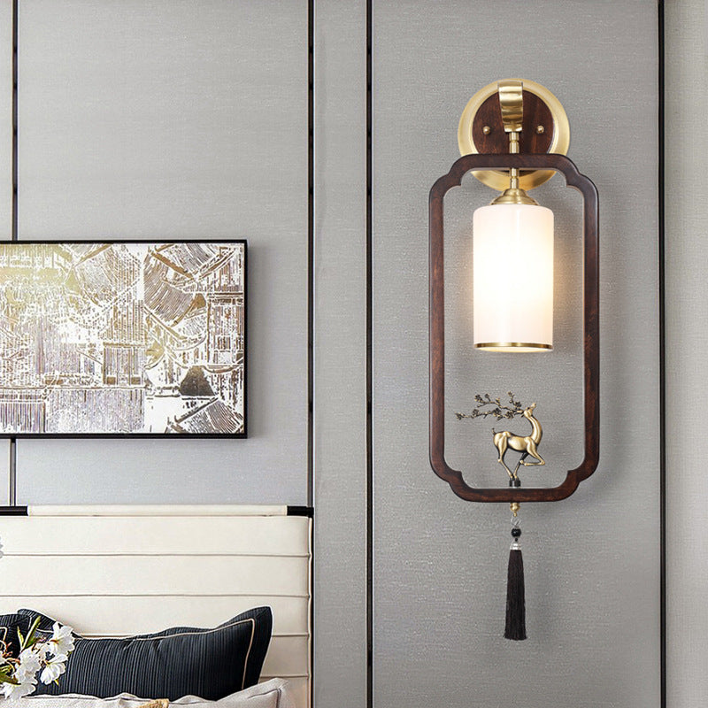 Chinese Rectangular Cylinder Deer 1-Light Wall Sconce Lamp