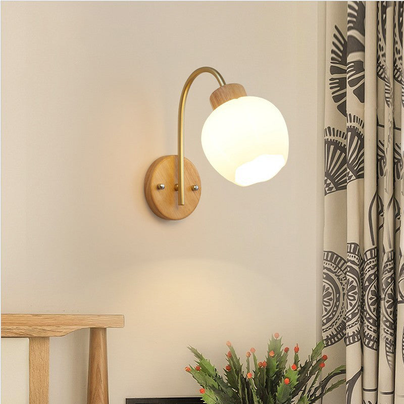 Bell Pleated Glass Shade Wood 1-Light Wall Sconce Lamp