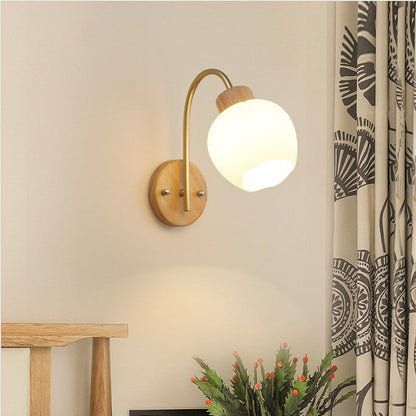 Bell Pleated Glass Shade Wood 1-Light Wall Sconce Lamp