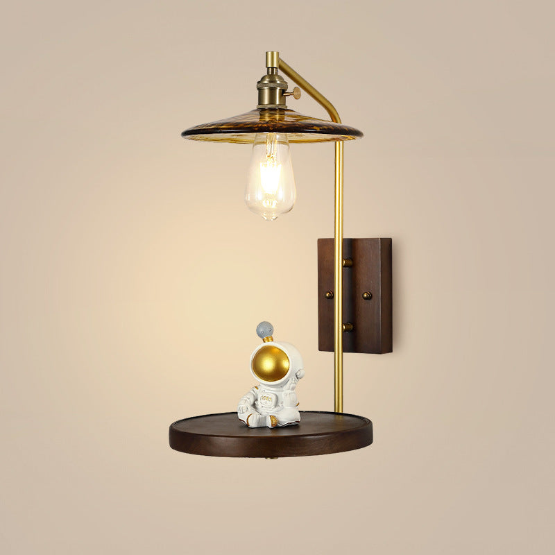 Traditional Round Wood Iron Glass 1-Light Wall Sconce Lamp
