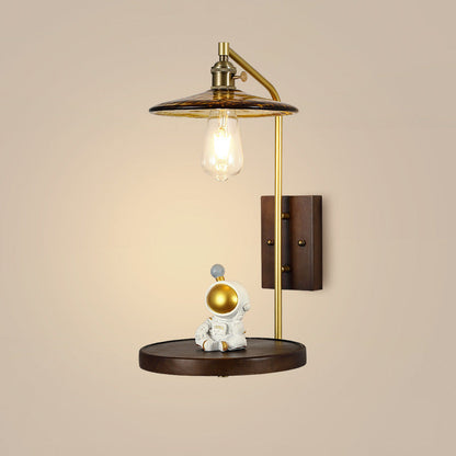 Traditional Round Wood Iron Glass 1-Light Wall Sconce Lamp