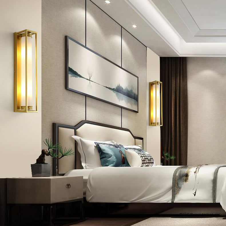 Chinese Glass Rectangular Cylinder 2-Light Wall Sconce Lamp